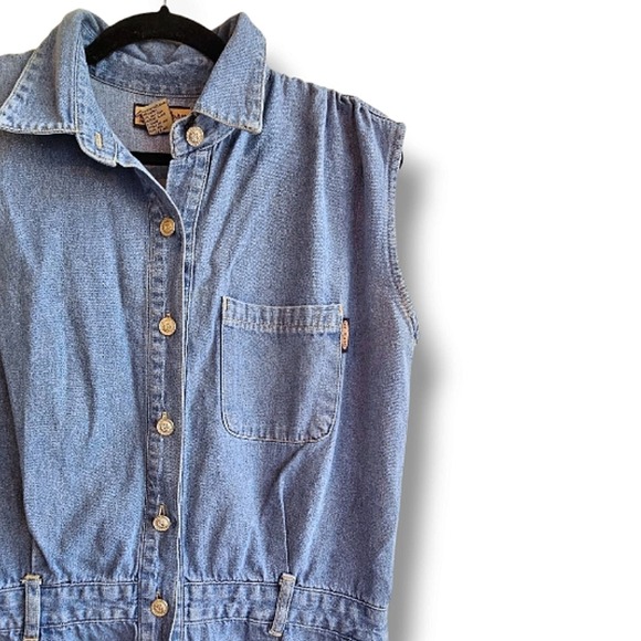 Vintage 90s Denim Blue Jean Cap Sleeve Button Down Romper Size Large - Picture 2 of 6